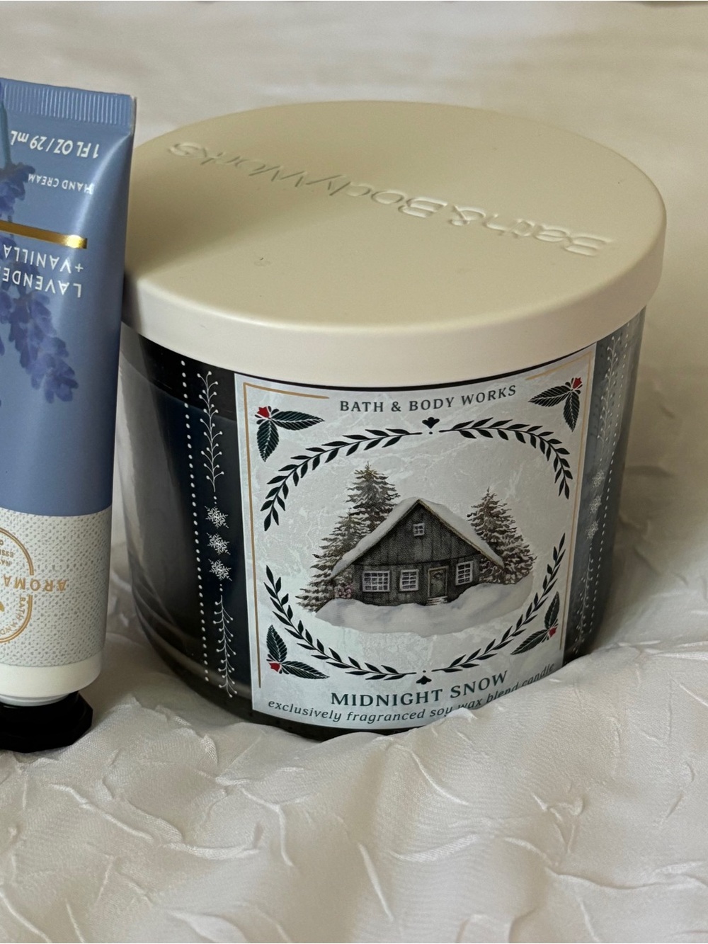 Bath & Body Works set: Midnight Snow Candle and Lavender + Vanilla Hand Cream